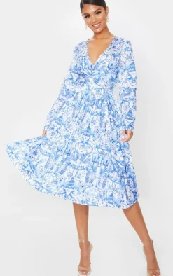 Porcelain Print Long Sleeve Pleated Midi Dress-PrettyLittleThing Outlet