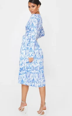 Porcelain Print Long Sleeve Pleated Midi Dress-PrettyLittleThing Outlet