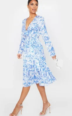Porcelain Print Long Sleeve Pleated Midi Dress-PrettyLittleThing Outlet