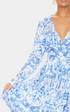 Porcelain Print Long Sleeve Pleated Midi Dress-PrettyLittleThing Outlet