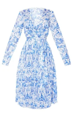 Porcelain Print Long Sleeve Pleated Midi Dress-PrettyLittleThing Outlet