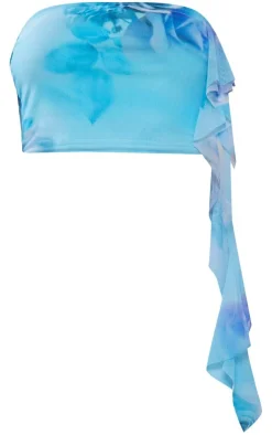 Hot PrettyLittleThing Print Mesh Ruffle Bandeau Top Blue