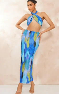 Best PrettyLittleThing Print Plisse Cross Over Halterneck Top Blue