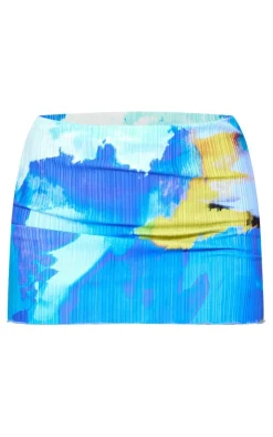 Hot PrettyLittleThing Print Plisse Low Rise Micro Mini Skirt Blue