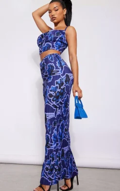 Clearance PrettyLittleThing Print Plisse Maxi Skirt Blue