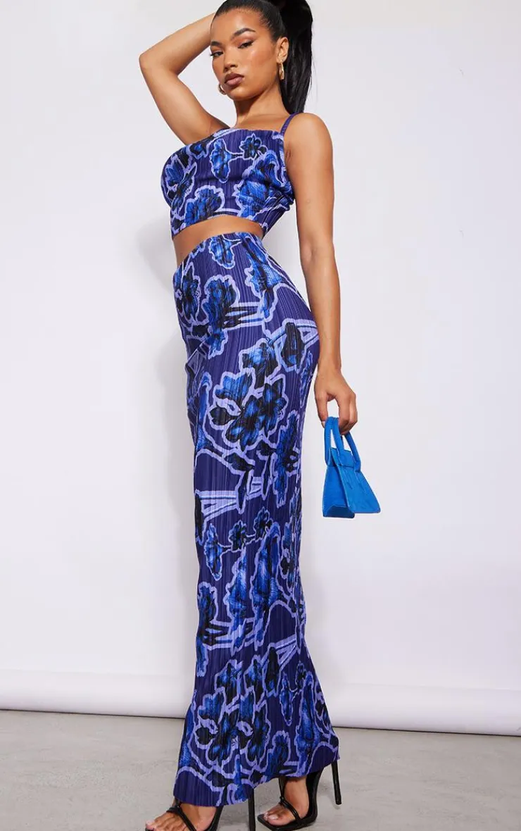 Clearance PrettyLittleThing Print Plisse Maxi Skirt Blue