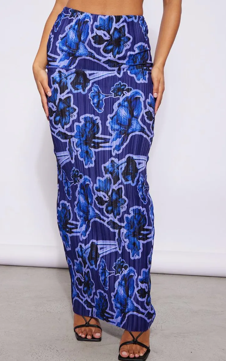 Clearance PrettyLittleThing Print Plisse Maxi Skirt Blue