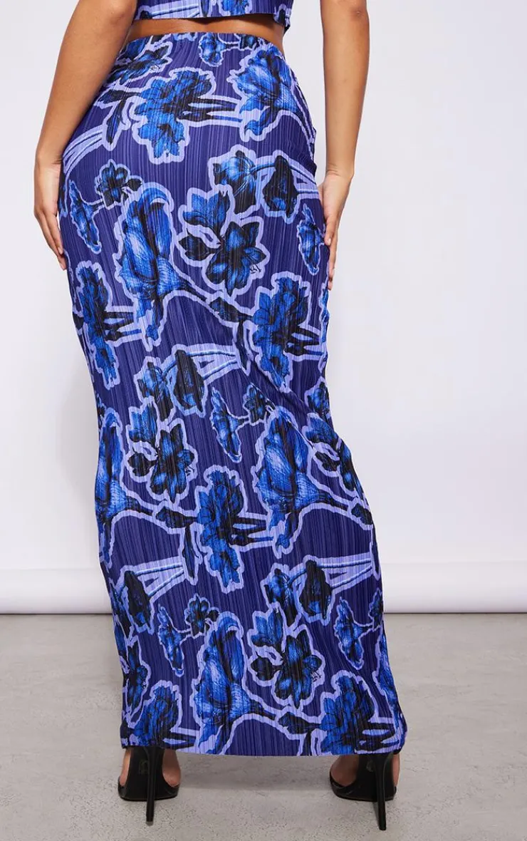 Clearance PrettyLittleThing Print Plisse Maxi Skirt Blue