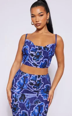Online PrettyLittleThing Blue Print Plisse Strappy Cowl Neck Top Dark Blue