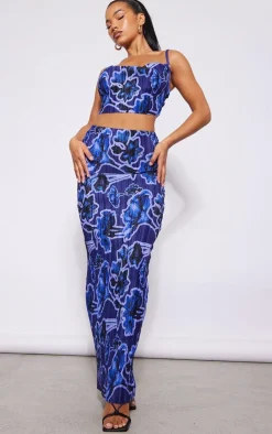 Online PrettyLittleThing Blue Print Plisse Strappy Cowl Neck Top Dark Blue