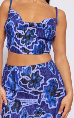 Online PrettyLittleThing Blue Print Plisse Strappy Cowl Neck Top Dark Blue