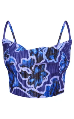 Online PrettyLittleThing Blue Print Plisse Strappy Cowl Neck Top Dark Blue