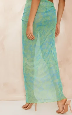 Discount PrettyLittleThing Print Sheer Mesh Twist Front Midaxi Skirt Blue