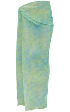 Discount PrettyLittleThing Print Sheer Mesh Twist Front Midaxi Skirt Blue