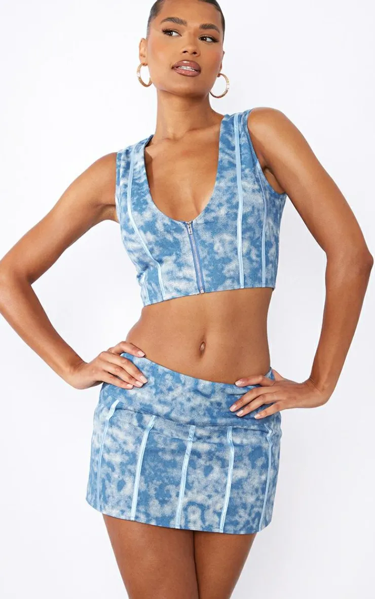 Clearance PrettyLittleThing Print Washed Twill Micro Mini Skirt Blue