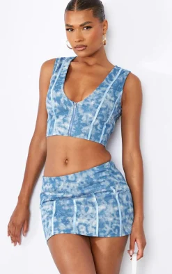 Outlet PrettyLittleThing Print Washed Twill Zip Up Corset Blue