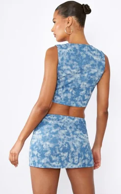 Outlet PrettyLittleThing Print Washed Twill Zip Up Corset Blue