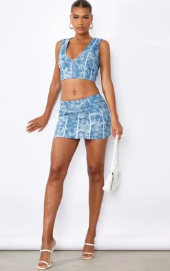 Outlet PrettyLittleThing Print Washed Twill Zip Up Corset Blue