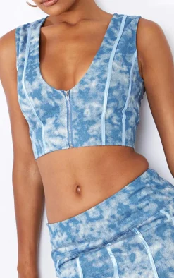 Outlet PrettyLittleThing Print Washed Twill Zip Up Corset Blue