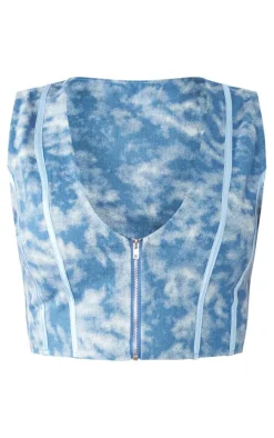 Outlet PrettyLittleThing Print Washed Twill Zip Up Corset Blue