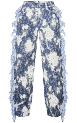 Blue Printed Jacquard Twill Tassel Side Pants