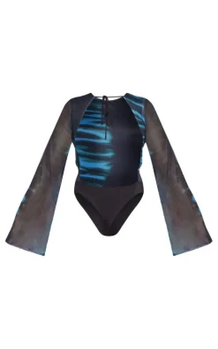 Blue Printed Mesh Backless Bodysuit