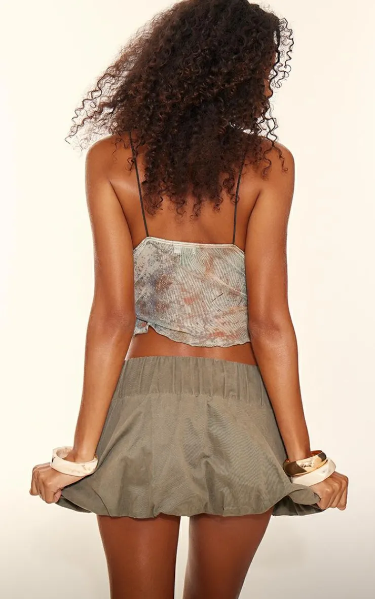 PrettyLittleThing Camisole*Printed Mesh Strappy Lettuce Hem Cami Top
