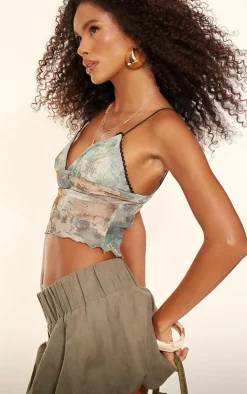 PrettyLittleThing Camisole*Printed Mesh Strappy Lettuce Hem Cami Top