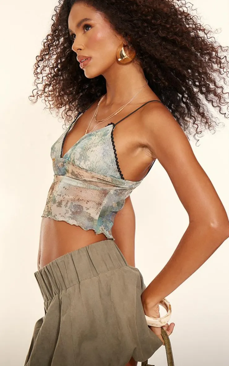 PrettyLittleThing Camisole*Printed Mesh Strappy Lettuce Hem Cami Top