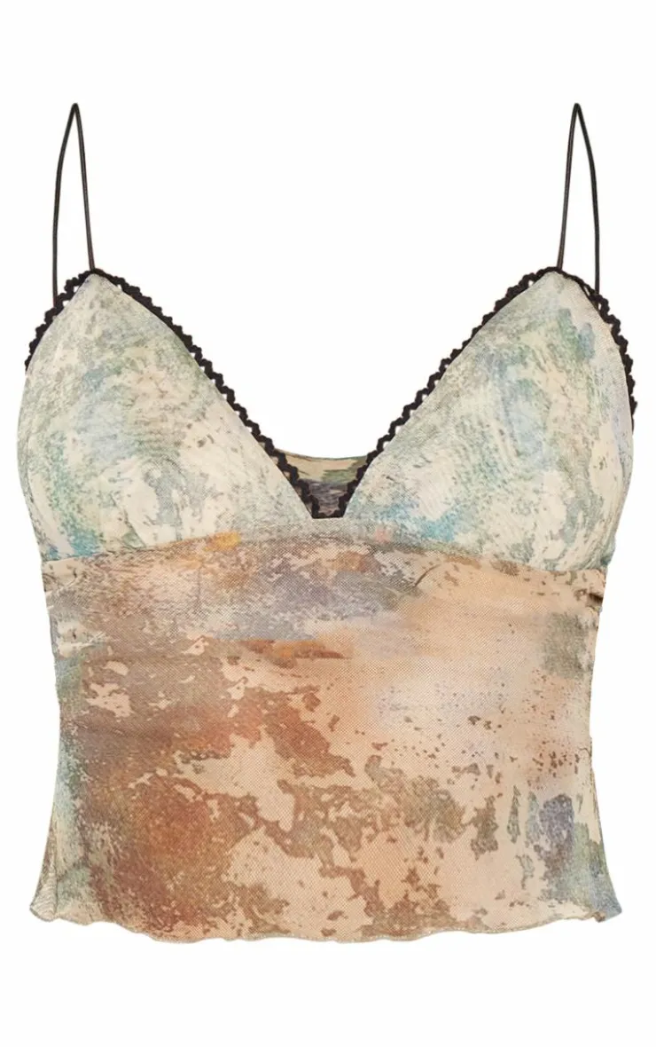 PrettyLittleThing Camisole*Printed Mesh Strappy Lettuce Hem Cami Top