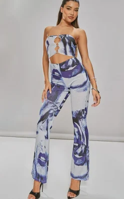 Blue Printed Ring Detail Burn Out Mesh Flared Jumpsuit