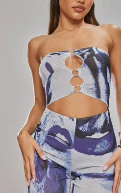 Blue Printed Ring Detail Burn Out Mesh Flared Jumpsuit