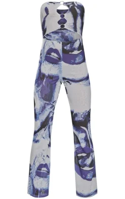 Blue Printed Ring Detail Burn Out Mesh Flared Jumpsuit