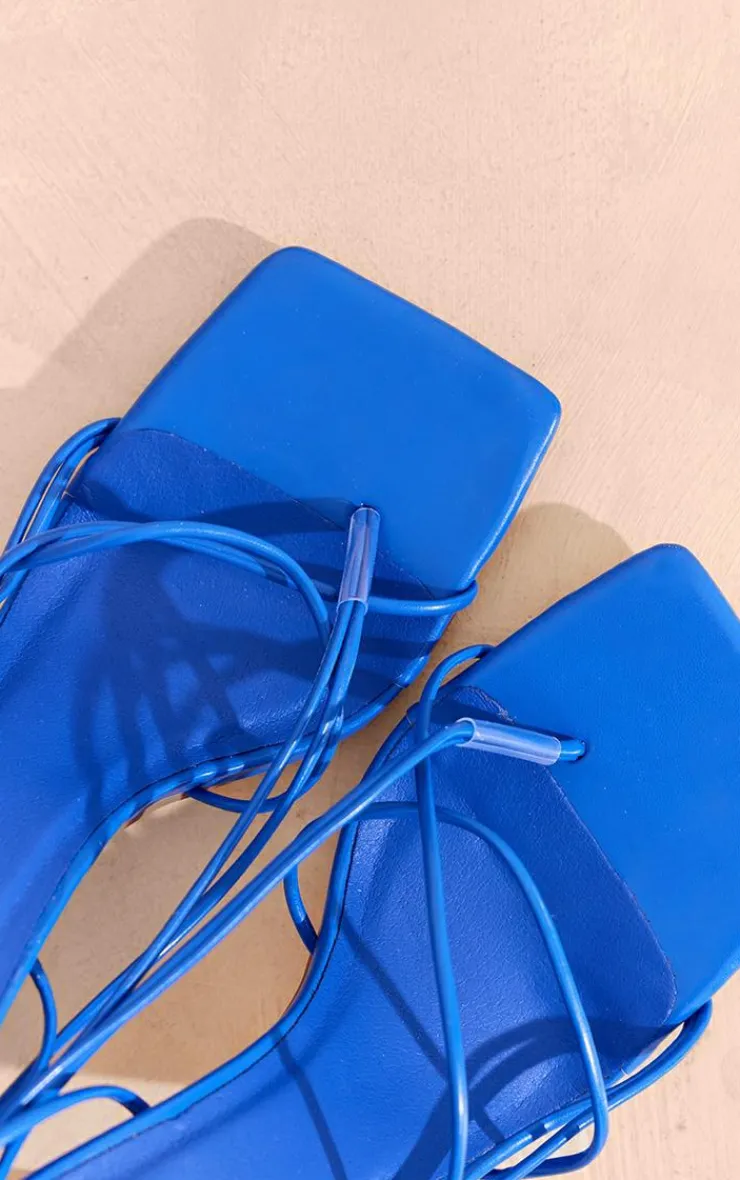 PrettyLittleThing Lace Up Heels*Pu Square Toe Thong Lace Up Strappy Heeled Sandals