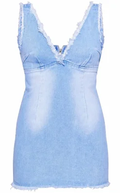 Raw Edge Detail Plunge Denim Mini Dress-PrettyLittleThing Sale