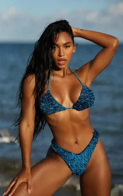 Blue Ruched Texture Padded Triangle Bikini Top