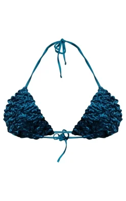 Blue Ruched Texture Padded Triangle Bikini Top