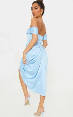 Satin Draped Bardot Midi Dress-PrettyLittleThing