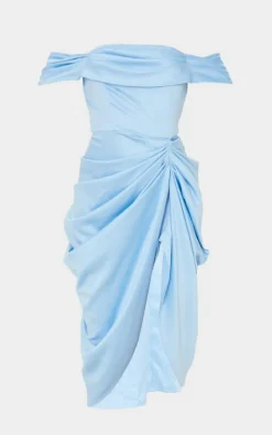 Satin Draped Bardot Midi Dress-PrettyLittleThing