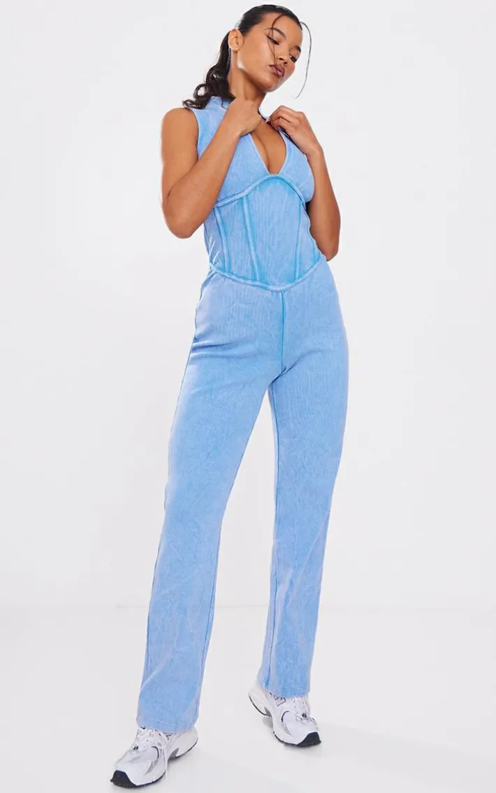 Blue Seam Detail Straight Leg Rib Jumpsuit