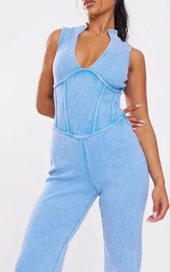 Blue Seam Detail Straight Leg Rib Jumpsuit