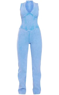 Blue Seam Detail Straight Leg Rib Jumpsuit
