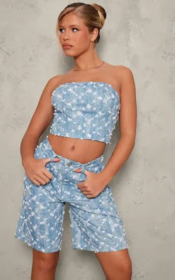 Clearance PrettyLittleThing Sequin Candyfloss Baggy Denim Shorts Blue