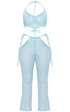 Clearance PrettyLittleThing Sequin Crochet Flare Pants & Top Blue