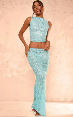 Sale PrettyLittleThing Sequin Low Rise Maxi Skirt Blue