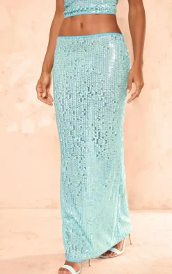 Sale PrettyLittleThing Sequin Low Rise Maxi Skirt Blue