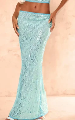 Sale PrettyLittleThing Sequin Low Rise Maxi Skirt Blue