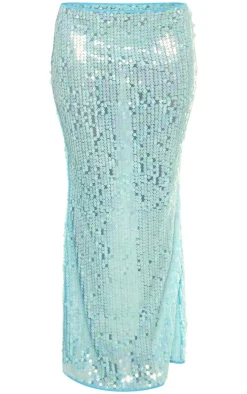 Sale PrettyLittleThing Sequin Low Rise Maxi Skirt Blue