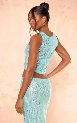 Sale PrettyLittleThing Sequin Sleeveless Long Top Blue