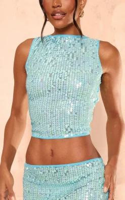 Sale PrettyLittleThing Sequin Sleeveless Long Top Blue
